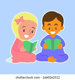 Boy and girl wearing moslem clothes sit with cross legged and reading for holy quran book cartoon vector, best for Ramadan Kareem decoration design