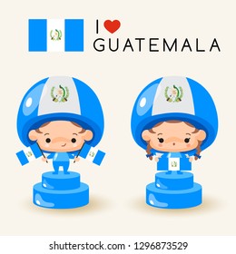 Boy and girl wearing national hat and holding national flags : Guatemala : Vector Illustration
