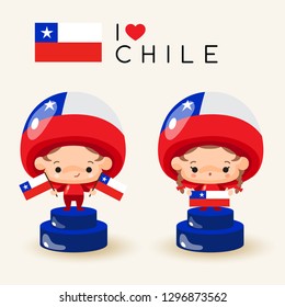 Boy and girl wearing national hat and holding national flags : Chile : Vector Illustration