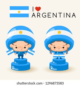 Boy and girl wearing national hat and holding national flags : Argentina : Vector Illustration