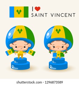 Boy and girl wearing national hat and holding national flags : Saint Vincent : Vector Illustration