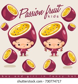 Boy and girl wearing Passion Fruit shaped hat : Vector Illustration