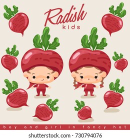 Boy and girl wearing Radish shaped hat : Vector Illustration