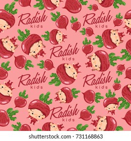 Boy and girl wearing radish shaped hat: Seamless Pattern : Vector Illustration