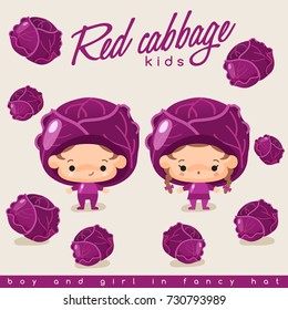 Boy and girl wearing Red Cabbage shaped hat : Vector Illustration