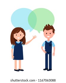 Boy and Girl Wearing School Uniform and Speech Bubbles Vector Illustration.