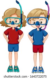 Boy and girl wearing snorkels and fins on white background illustration