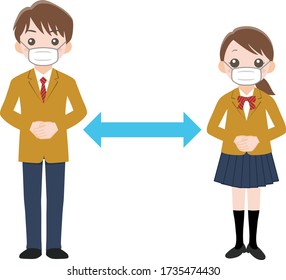 A boy and a girl wearing surgical masks to keep a distance.