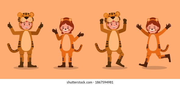Boy and girl wearing tiger costumes character vector design. Presentation in various action with emotions.
