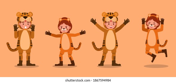 Boy and girl wearing tiger costumes character vector design. Presentation in various action with emotions.
