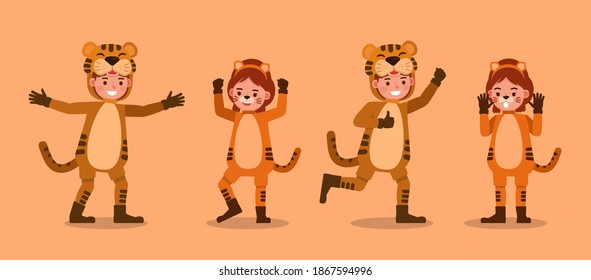 Boy and girl wearing tiger costumes character vector design. Presentation in various action with emotions.