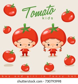 Boy and girl wearing Tomato shaped hat : Vector Illustration