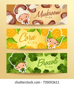 Boy and girl wearing vegetable shaped hat in horizontal label template : Vector Illustration