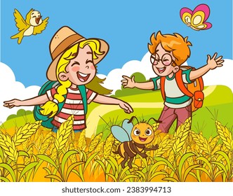 Muchacho y chica en el campo de trigo. Ilustración vectorial de niños con mochilas.