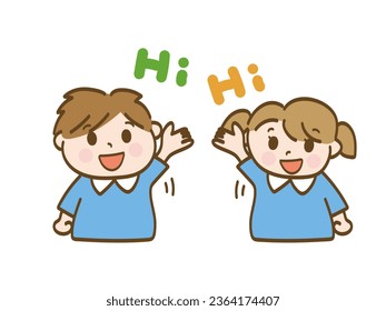 A boy and a girl who raise their hands in response_Nursery school children
