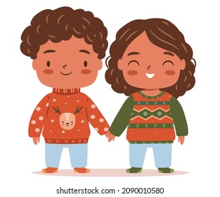 Boy and girl in winter clothes. African Children in sweaters, jumpers, turtleneck, smiling and holding hands. Characters isolated