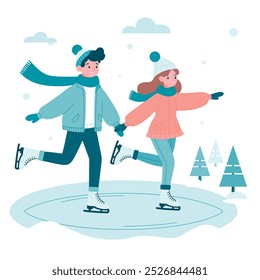 Niño y niña en ropa de invierno patinaje sobre hielo en la pista de póster aislado sobre fondo blanco. Lindo estilo plano