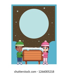 Boy and girl with winter clothes and wooden sign card