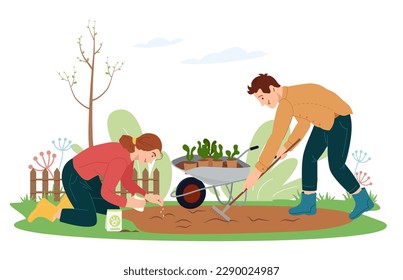 Boy and girl work in the garden Cute young woman sowing seeds of flowers on backyard in the spring Man raking the beds isolated on white Agricultural activity Vector illustration in flat style