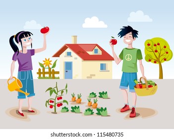 A boy and a girl working happily in a small back garden near his home picking some fruits and vegetables.