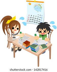 A boy and girl works on homework of the summer vacation desperately.