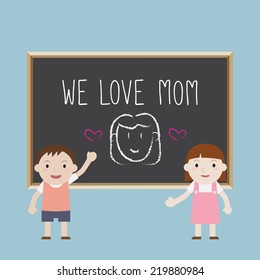 Boy and girl write massage on black board - Vector 