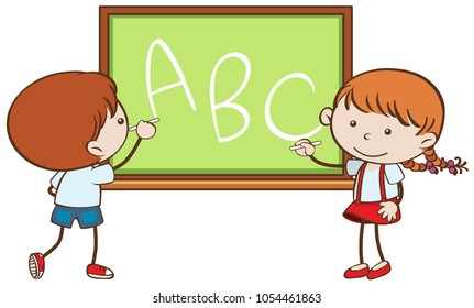 Boy and girl writing on chalkboard illustration