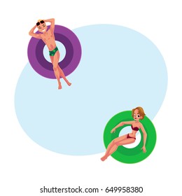 Boy and girl, young man and woman floating on inflatable rings, top view cartoon vector illustration with space for text. Man and woman swimming on inflatable rings, enjoying summer holidays