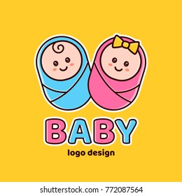 Boy and girl.Baby shower,Newborn logo design template. Vector flat cartoon outline illustration icon design. Isolated on yellow background. Newborn,baby,new childre,kid concept
