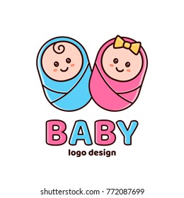 Boy and girl.Baby shower,Newborn logo design template. Vector flat cartoon outline illustration icon design. Isolated on white background. Newborn,baby,new childre,kid concept
