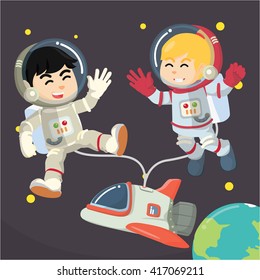 boy and girls astronaut floating in space