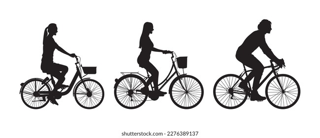 Boy and girls cycling side view vector silhouette.