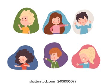 Boy and girls hands pointing forefingers, playfully showing and winking. Cartoon funny children make a gesture paying attention or joking. Vector cute kids character isolated illustrations set