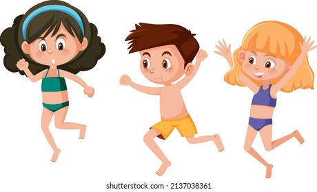 Boy and girls jumping on white background illustration
