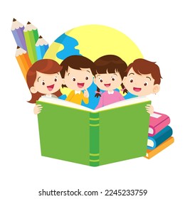 Boy and girls learning or studying.children with Back to School Concept education.Pupils holding textbooks and school Earth Globe icon model