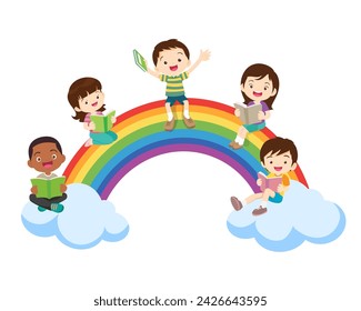 Boy and girls learning.children reading on rainbow.  Back to School. kids education Concept