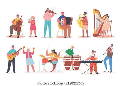 Boy and Girls Playing on Instruments Cello, Flute, Violin, Accordion and Synthesizer. Kid Sing with Microphone, Play Guitar, Maracas, Drums Little Artists Perform Concert. Cartoon Vector Illustration