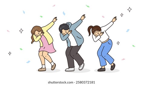 Boy and girls are posing as dab dance. Vector art with exciting atmosphere with paper and glitter scattered around.