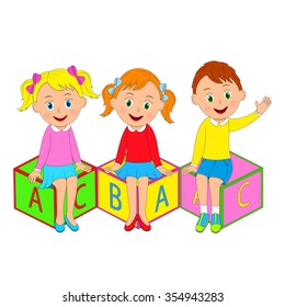 boy and girls sit on the cubes with letters, illustration, vector