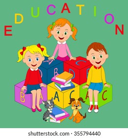 boy and girls sit on the cubes with letters on a green background, illustration, vector