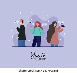 Boy and girls with smartphones and bubles design, Youth culture people cool person human profile and user theme Vector illustration