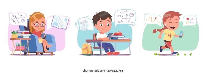 Boy, girls student kids using smartphone for reading, study, sports training set. Child person using cell phone as digital book, fitness tracker. Education, sport mobile app flat vector illustration