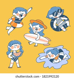 Boy And Girls Summer Swimming Pool Activity Character Doodle Illustration Premium Vector