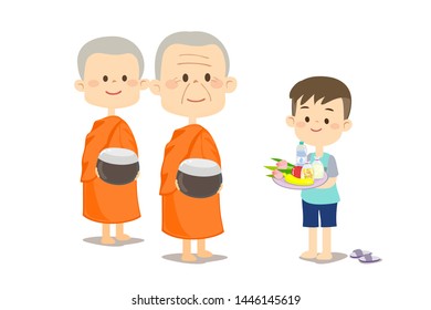 Boy  Give Alms Buddhist Monk Vector