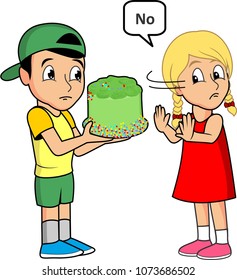 Boy give a cake girl refuse it vector cartoon