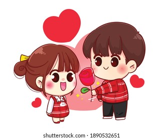 Boy give flower to girls cute couple Happy valentine cartoon character illustration Premium Vector