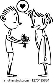 Boy give flowers to girl, Boy give bouquet to girl, Boy surprise his girlfriend. Valentines day.