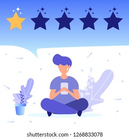 Boy give negative feedback. Concept of feedback, bad review, 5 star rating. Vector Illustration for web page, landing, poster, flyer, banner, presentation, social media. 