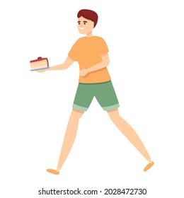 Boy give piece of cake icon cartoon vector. Birthday hold. Child food