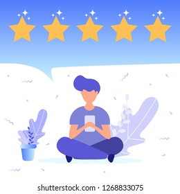 Boy give positive feedback. Concept of feedback, good review, 5 star rating. Vector Illustration for web page, landing, poster, flyer, banner, presentation, social media. 